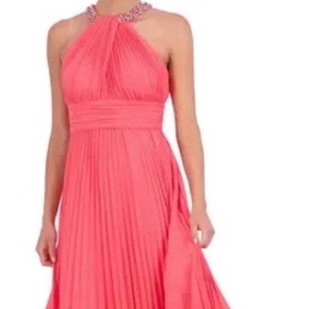 Eliza J Navy Melon Pink Crystal Detail Pleated Gown